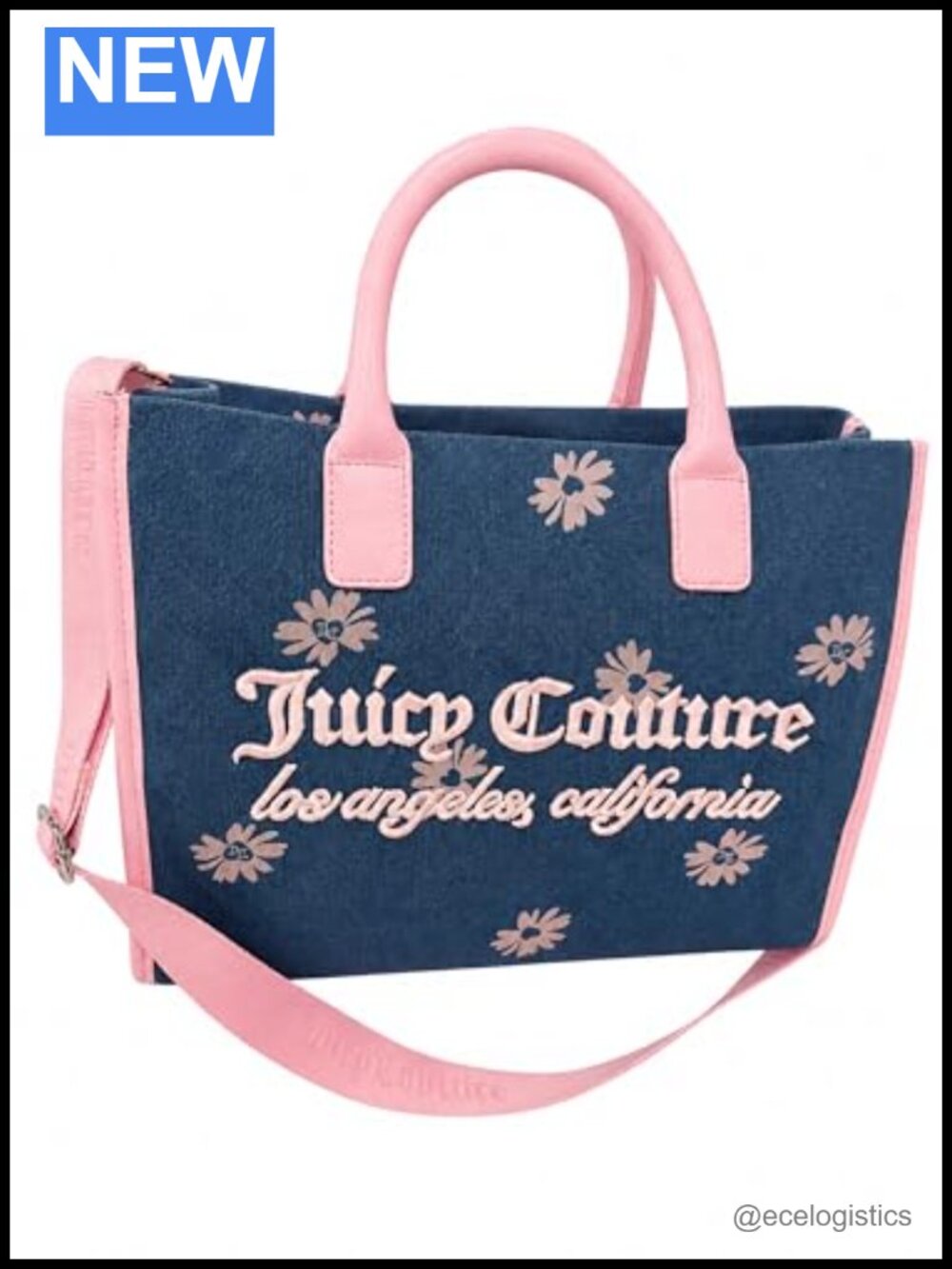 Denim Tote Bag with Floral Print & Removable Strap